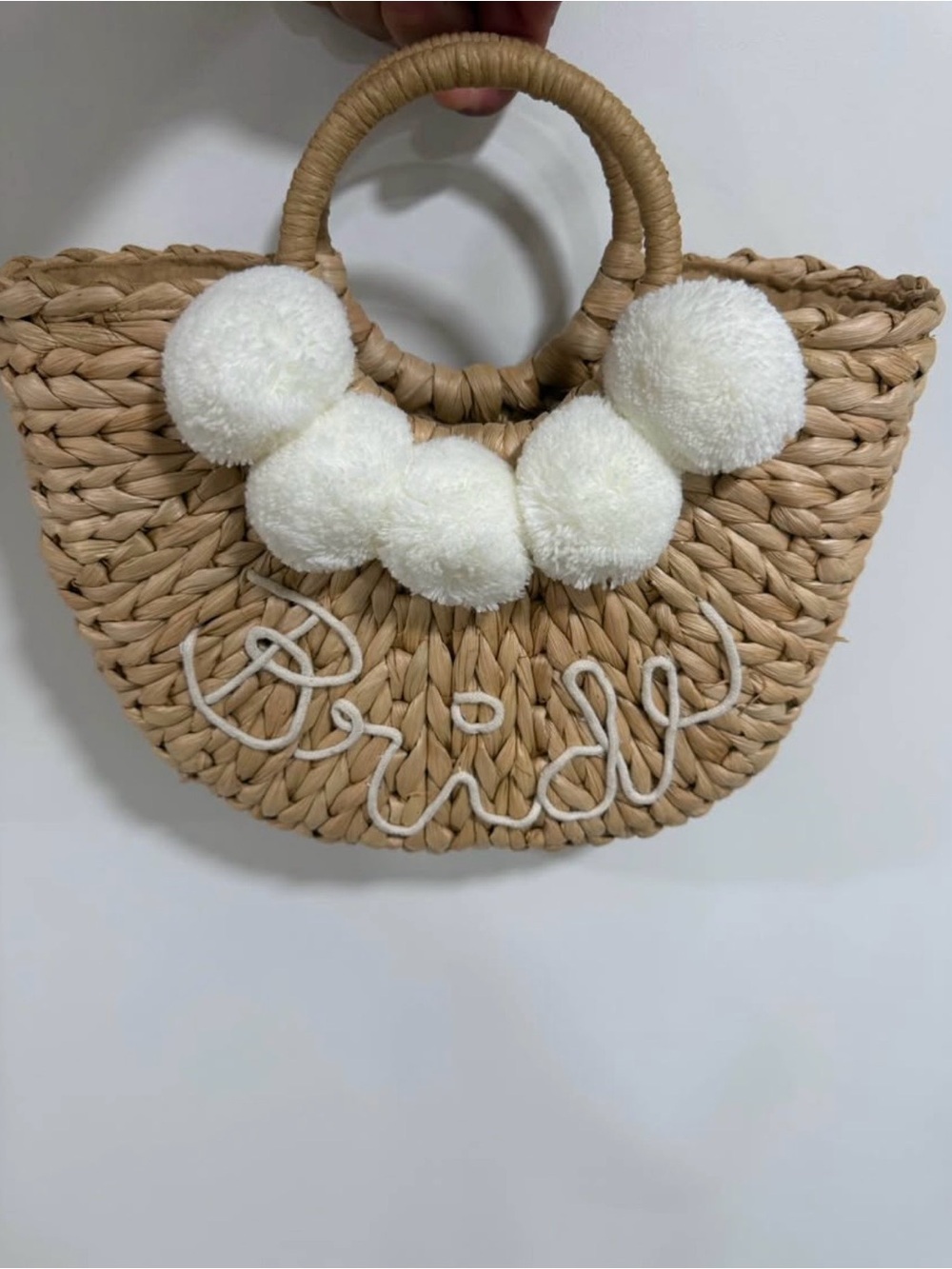 Woven Straw Pom Pom Tote - Natural Straw and White